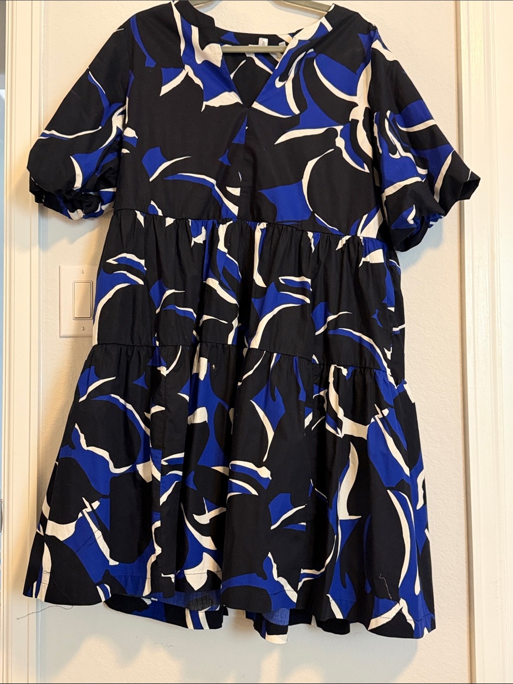Chico's Black, Royal Blue & White Abstract Tiered Mini Dress